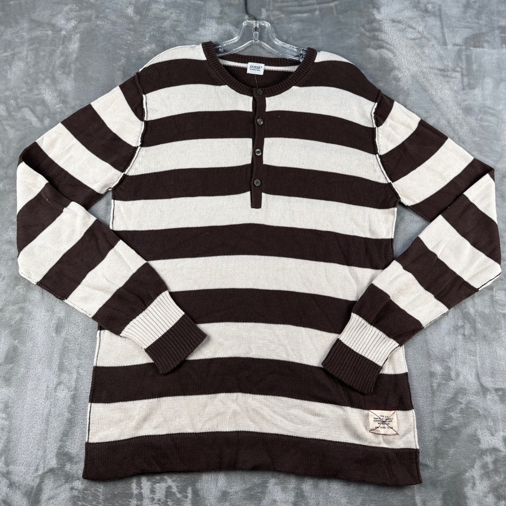Guess Sweater Mens L Brown Striped Henley Button-Down Cotton NEW